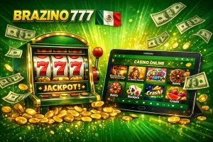 Banner del casino online Brazino 777 con tragamonedas 777, tablet Samsung con juegos y bandera de México