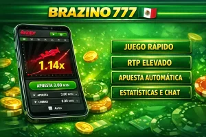 Smartphone con el juego Aviator en Brazino 777 mostrando multiplicador 1.14x y botón apuesta 3.00 MXN con funciones juego rápido y apuesta automática