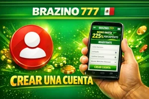 Registro en Brazino 777 desde smartphone con bono hasta 225% y botón crear cuenta