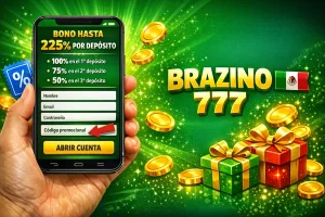 Banner de Brazino 777 con smartphone mostrando registro, bono hasta 225% por depósito y campo de código promocional para jugadores de México