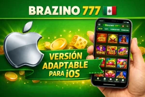 Banner de Brazino 777 México con versión móvil para iOS en iPhone y logo de Apple