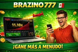 Banner de Brazino 777 con juego Aviator en laptop, avión rojo y jugador celebrando victoria
