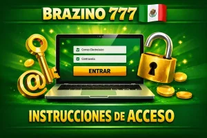 Banner de Brazino 777 con laptop mostrando página de inicio de sesión del casino online y texto Instrucciones de acceso