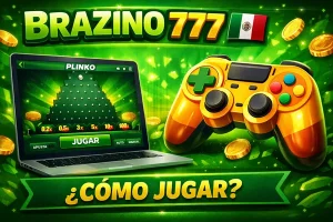 Banner del casino Brazino 777 con juego Plinko en laptop, botón jugar y control de videojuego