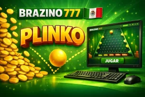 Banner promocional de Brazino 777 con el juego Plinko, monedas doradas cayendo y monitor con botón JUGAR
