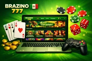 Laptop con la plataforma Brazino 777 casino online, cartas, fichas, dados y bandera de México en banner promocional
